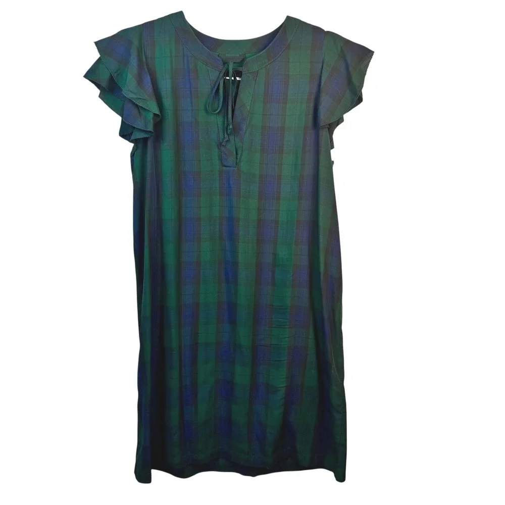 Vineyard Vines Dress Womens‎ Small Blackwatch Plaid Flutter Sleeve Tie Neck